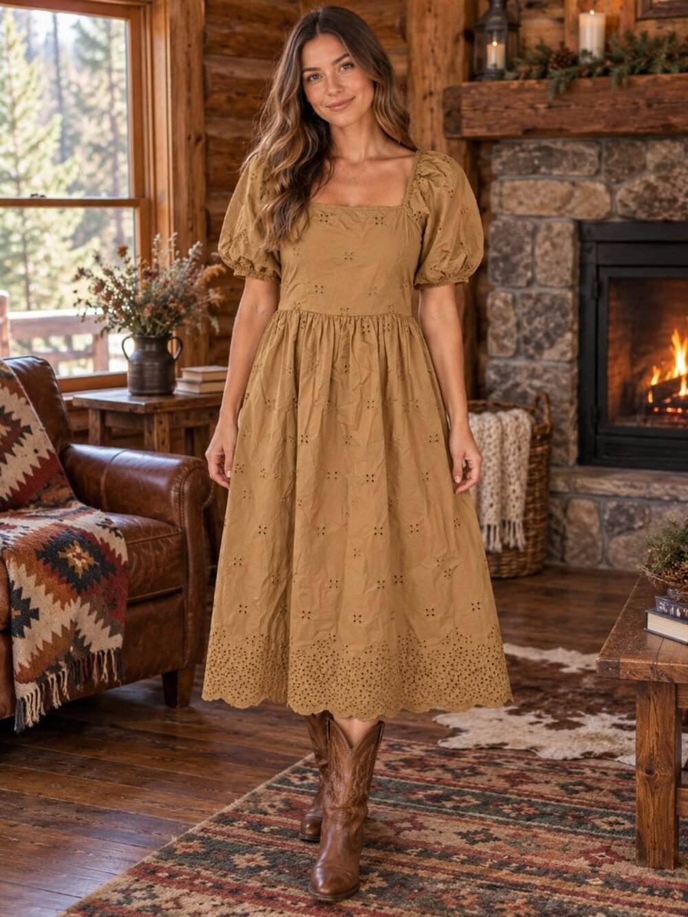 36. Time & Tru Tan Eyelet Midi Dress Sz Small Medium Pockets 100% Cotton